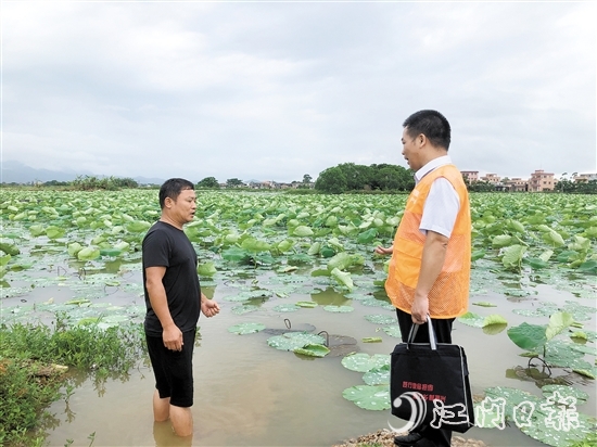 臺(tái)山農(nóng)商銀行工作人員向種植大戶了解春耕生產(chǎn)情況。