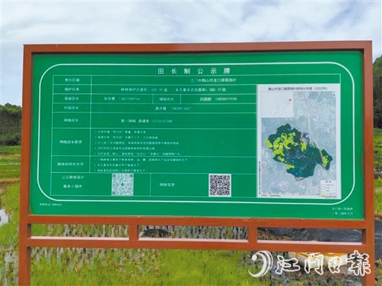 田長制公示牌列出田長信息、工作職責(zé)和永久基本農(nóng)田的位置等內(nèi)容。
