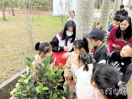 孩子們?cè)谧匀粚?dǎo)師的介紹下了解各種植物。