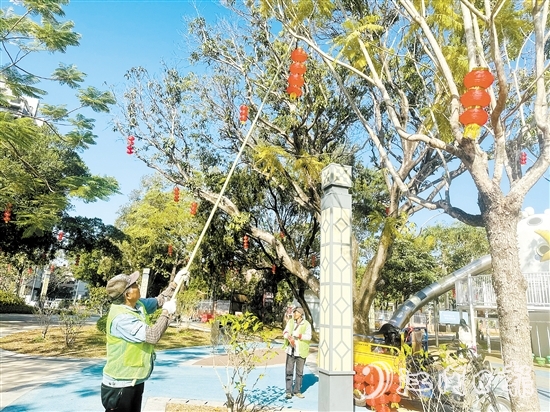 工作人員在開平市各大公園懸掛燈籠，喜迎新春。