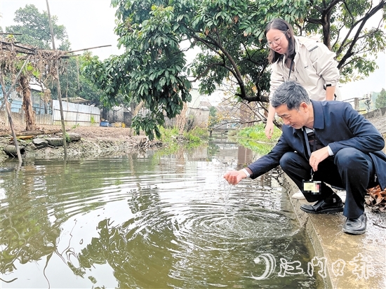 新會(huì)區(qū)紀(jì)檢監(jiān)察干部到雙水鎮(zhèn)北水村回訪，查看水質(zhì)變化。