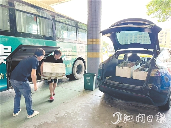 公交車司機(jī)及時(shí)將農(nóng)產(chǎn)品運(yùn)送至鶴山汽車總站，交由鶴山市供銷社工作人員分撥至合作商超與社區(qū)自提點(diǎn)等。