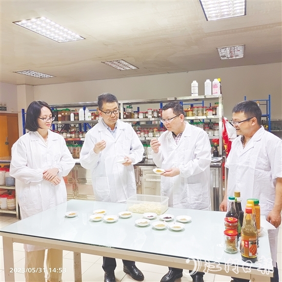 陳杰（右二）和同事仔細比對新研發(fā)產品的各項指標。