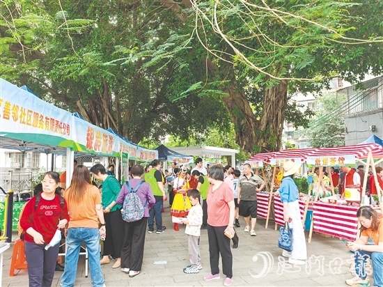 社區(qū)社會(huì)企業(yè)將利潤(rùn)按比例反哺社區(qū)公益,形成“服務(wù)—收益—反哺”的良性循環(huán)。圖為蓬江區(qū)善鄰社區(qū)服務(wù)有限公司在象山社區(qū)開(kāi)展銀發(fā)經(jīng)濟(jì)集市活動(dòng)。